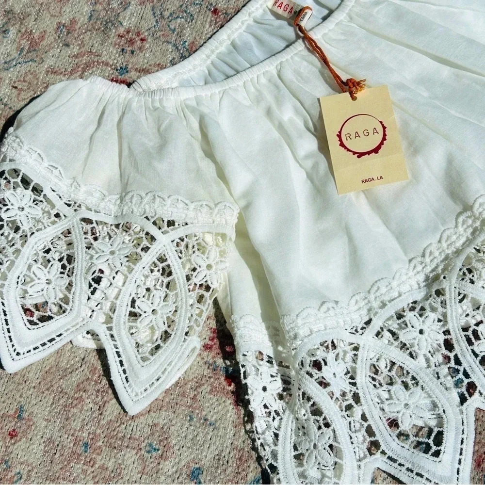 Anthropologie RAGA LA Bohemian Stevie Nicks Style White Flowy Cropped Blouse